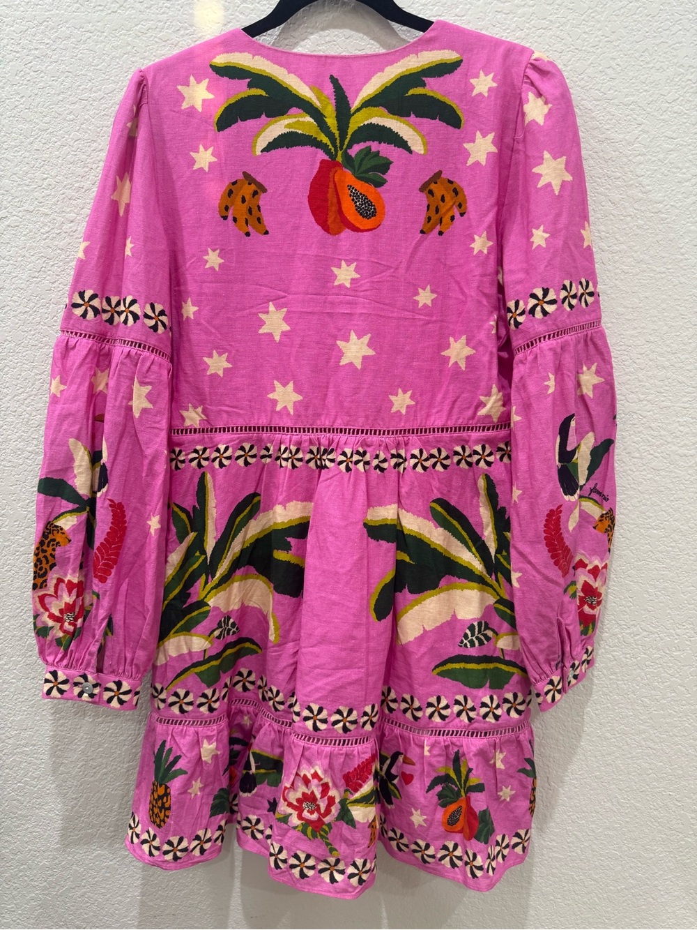 Farm Rio Leopard Forest Mini Dress Pink Linen Blend Beaded Tassels Medium M - Picture 10 of 10